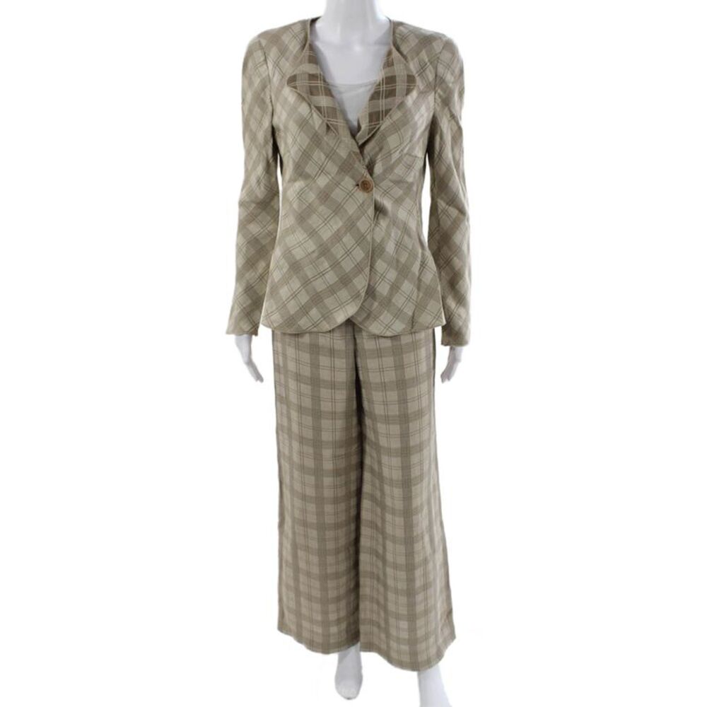 Giorgio Armani Womens Linen Blend Striped Blazer Pant Set Brown Tan Size 44